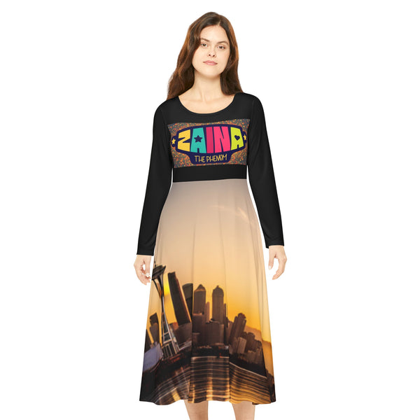 Zaina The Phenom Logo/Space Needle Women's Long Sleeve Dance Dress (AOP)